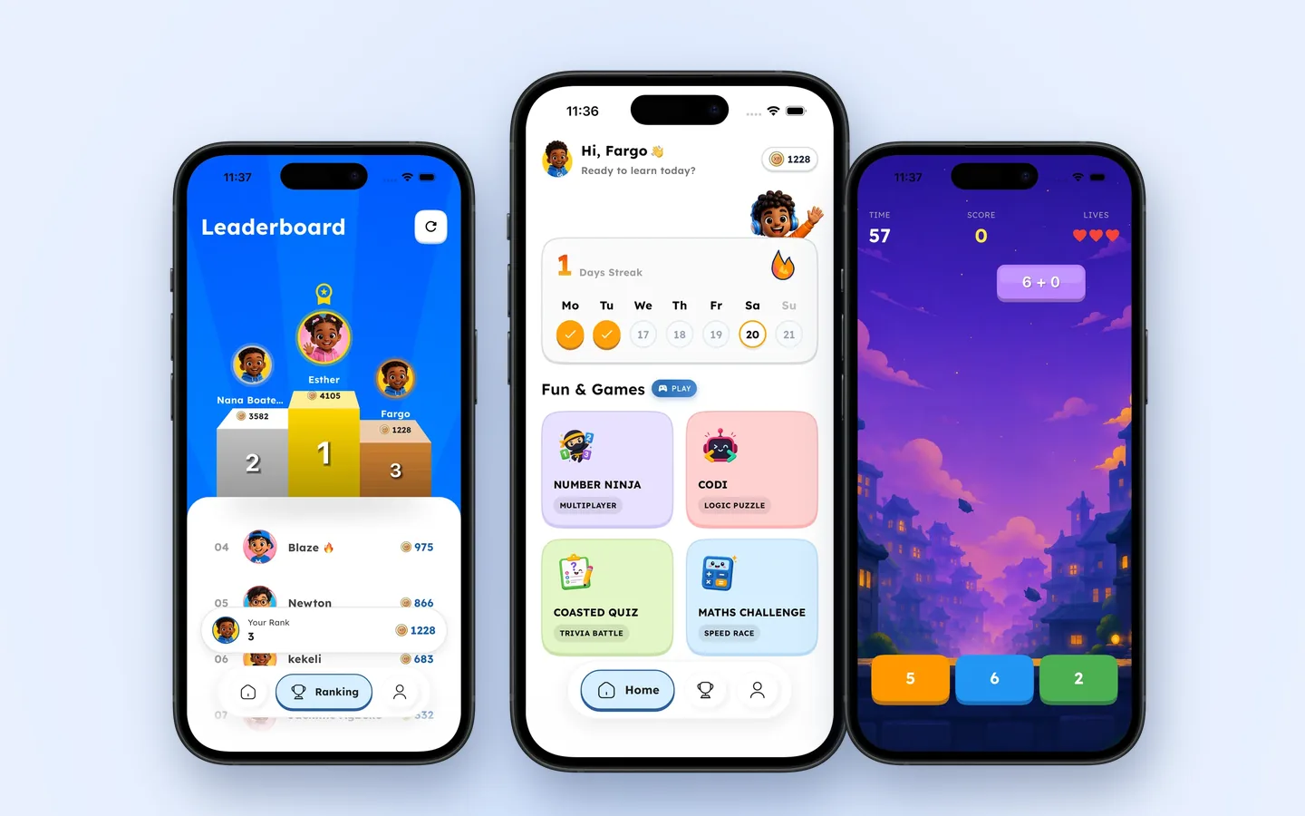Three Coasted app screens - leaderboard, home with games, and the Number Ninja game