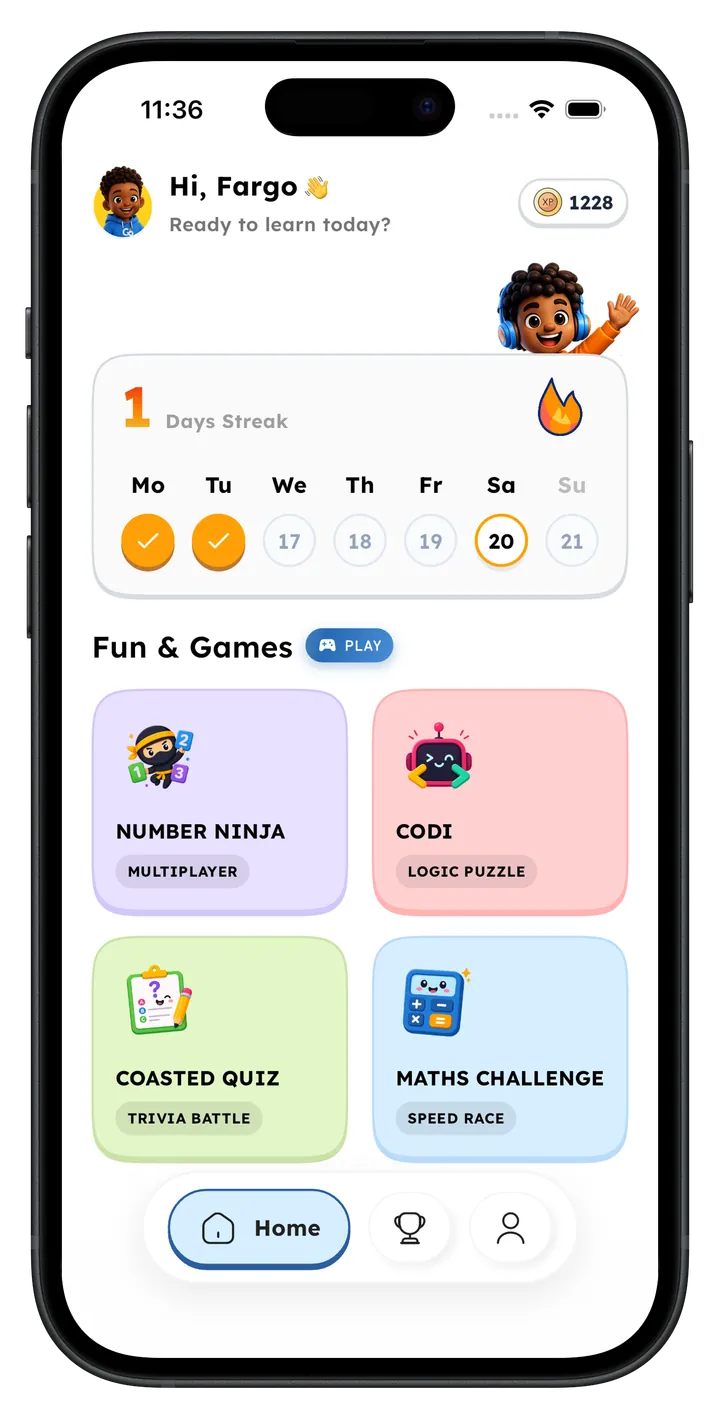 Home screen with daily streak and four games