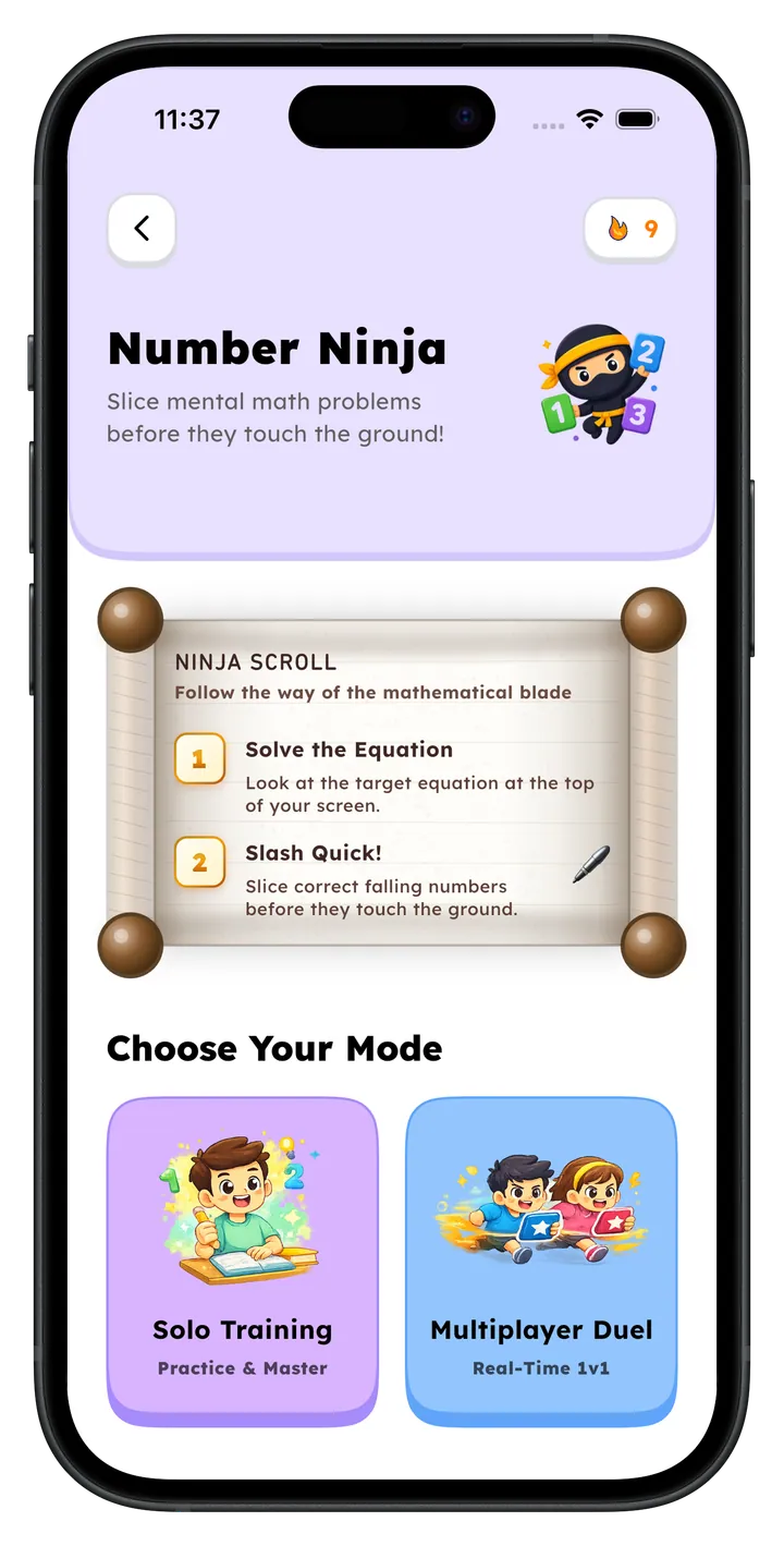 Number Ninja mode selection with solo and multiplayer duel