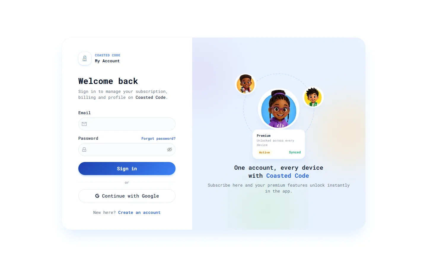 Coasted Code account portal sign-in page