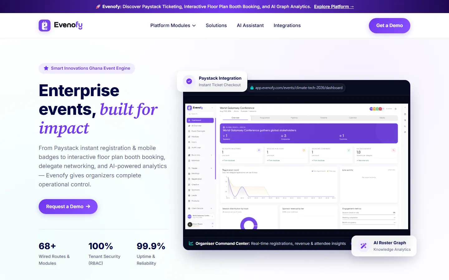Evenofy landing page with the organiser dashboard