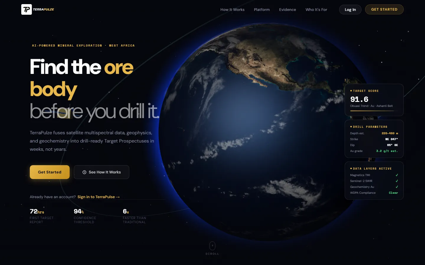 TerraPulse landing page showing a globe and a drill target score panel